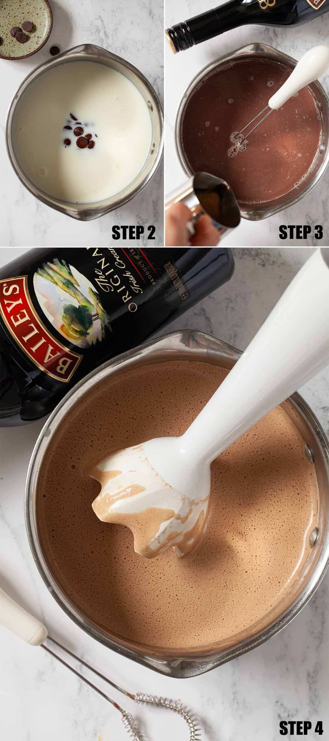 Collage of images showing a hot Baileys drink being made.