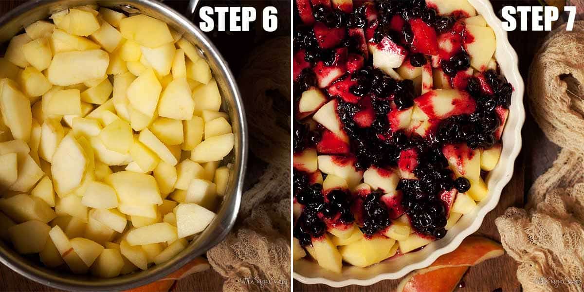 Collage of images showing apple and blackcurrant crumble base being made.