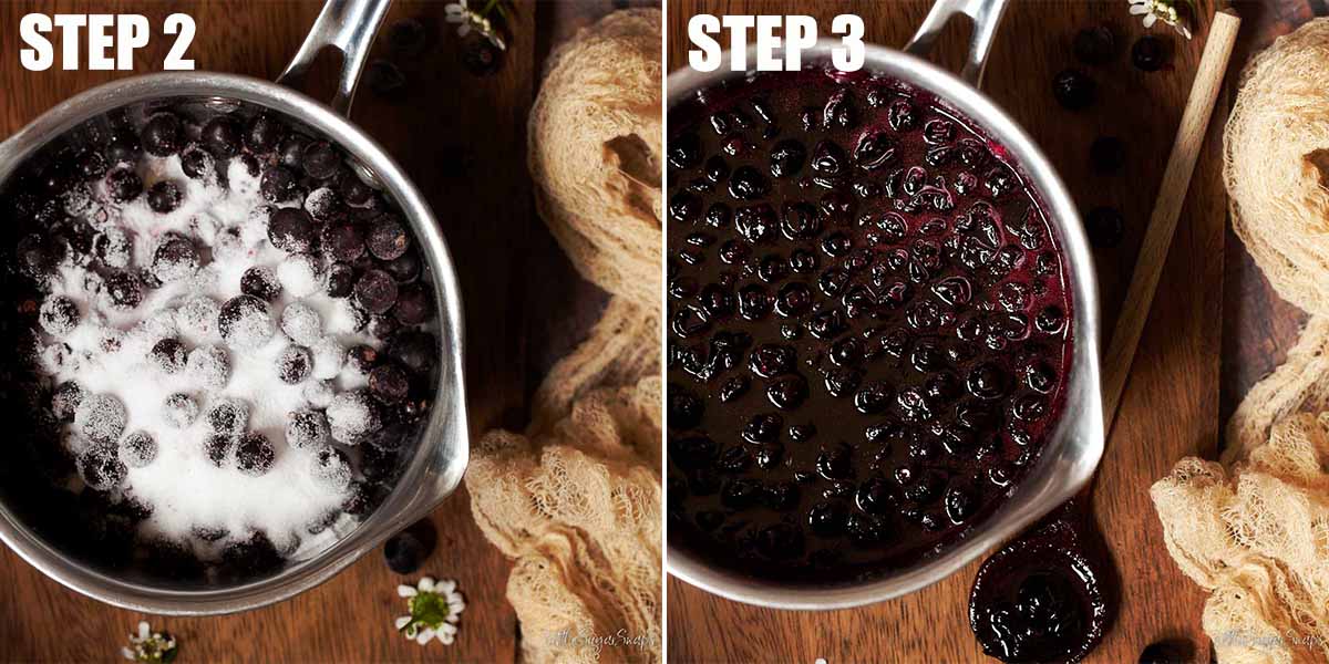 Collage of images showing blackcurrant compote being made.