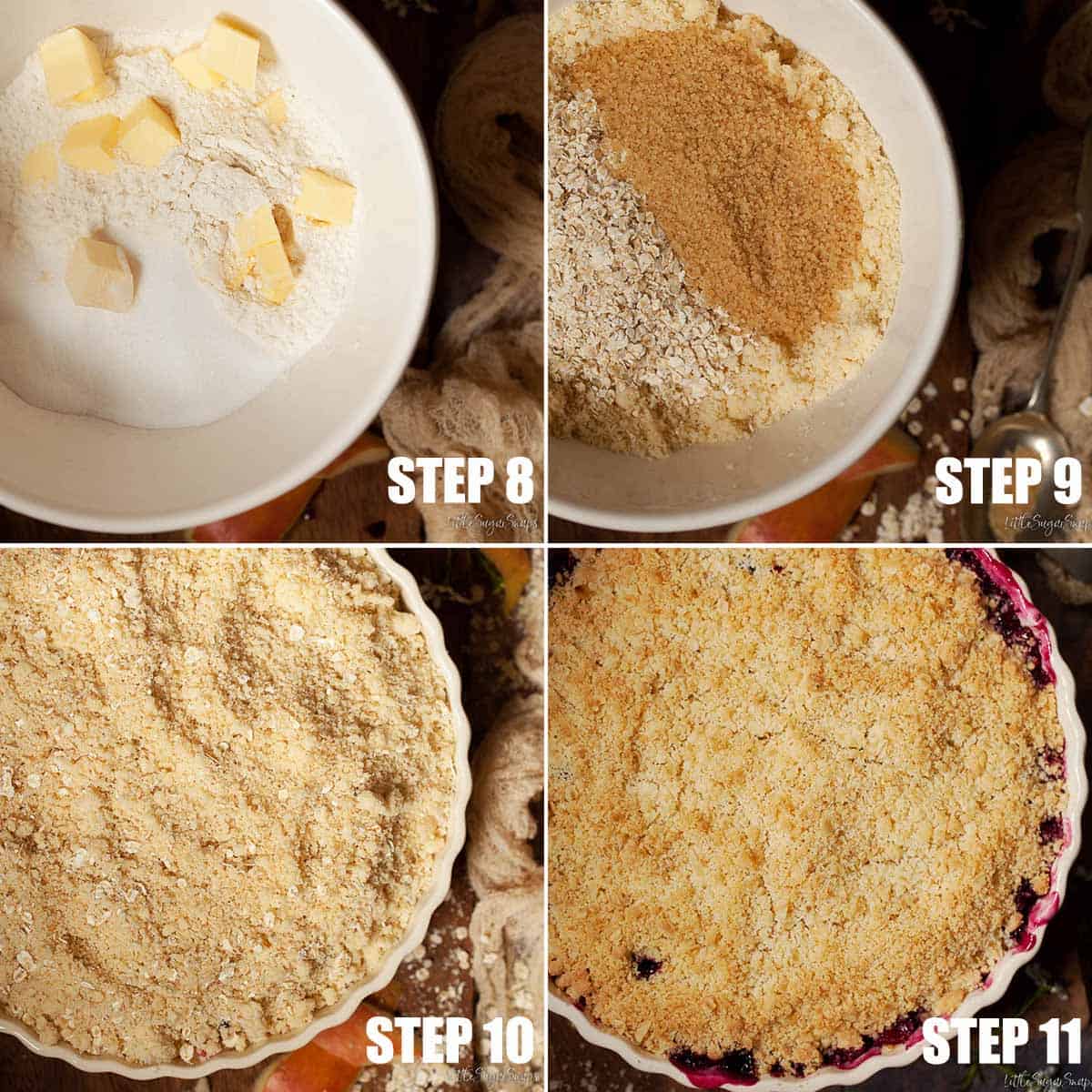 Collage of images showing topping for fruit crisp being made.