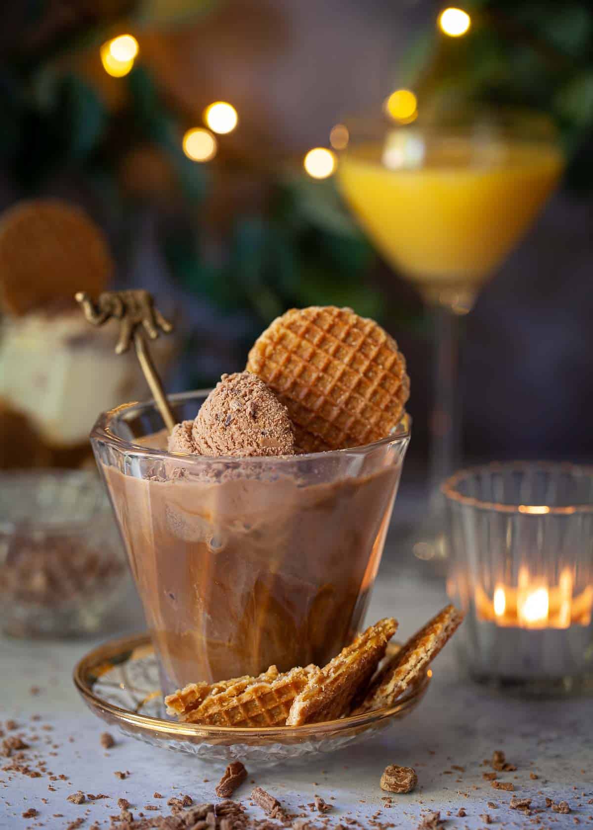 Chocolate affogato dessert with a stroopwafel cookie.
