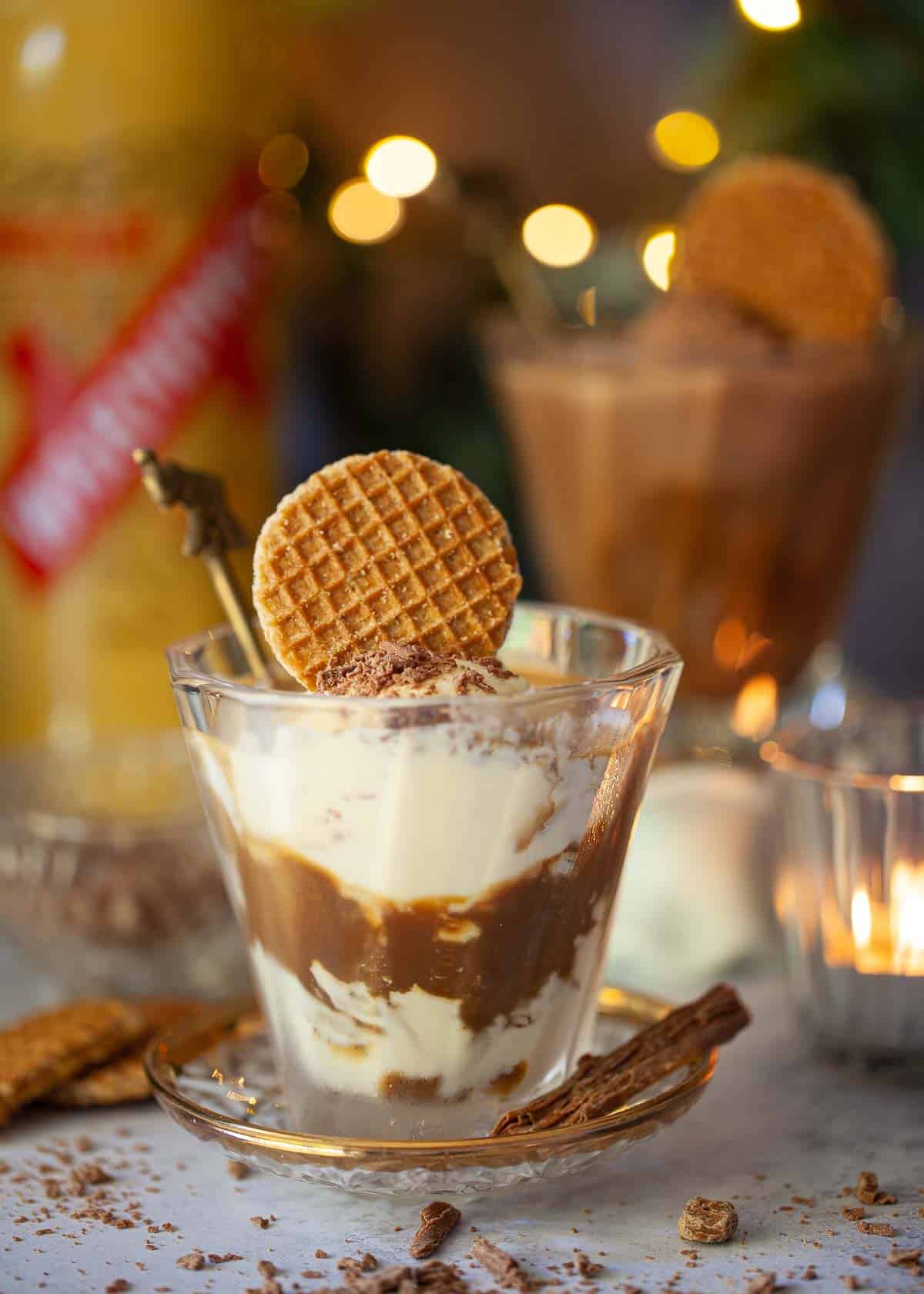 Espresso and ice cream dessert in a glass with a mini stroopwafel.