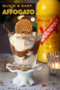 Vanilla ice cream and espresso coffee dessert with text overlay.