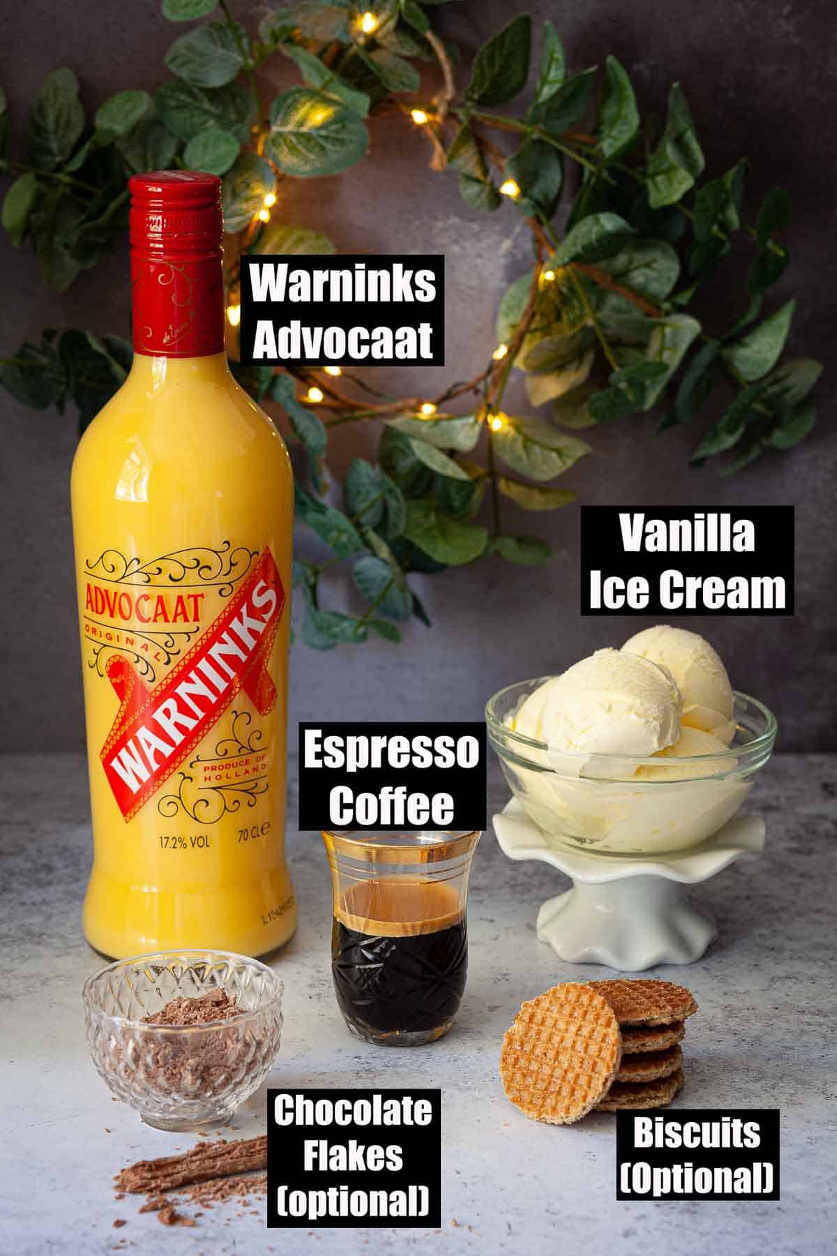 Labelled ingredients for affogato dessert with alcohol.