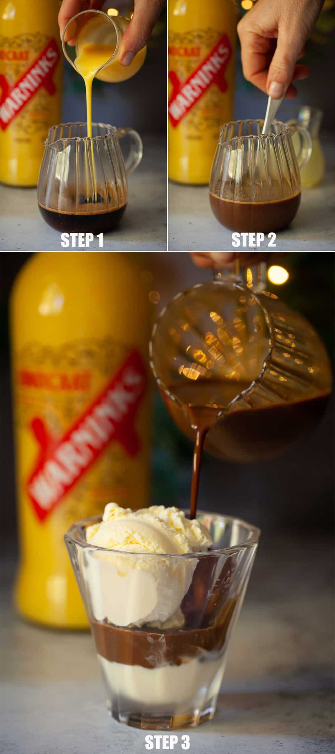 Collage of images showing espresso and ice cream dessert being made.