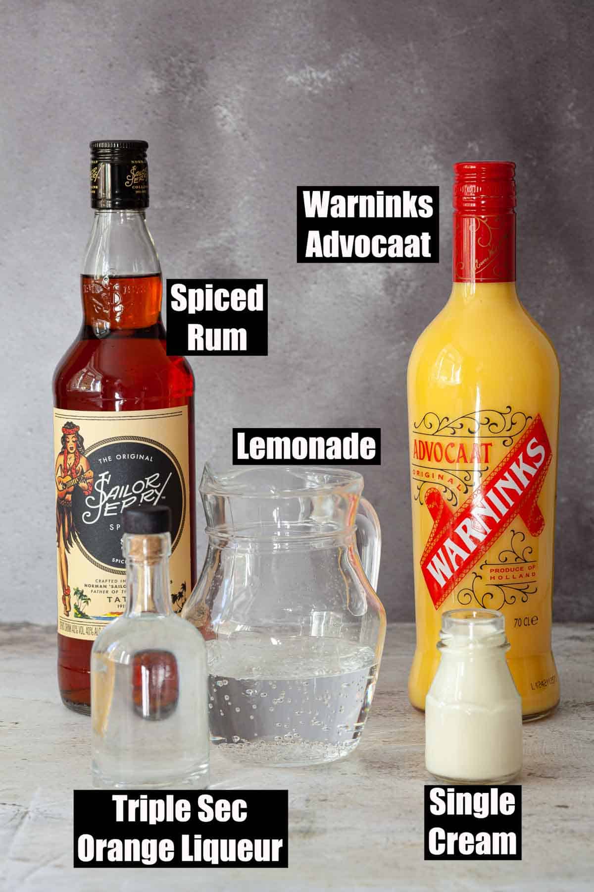 Labelled ingredients for an advocaat cocktail.