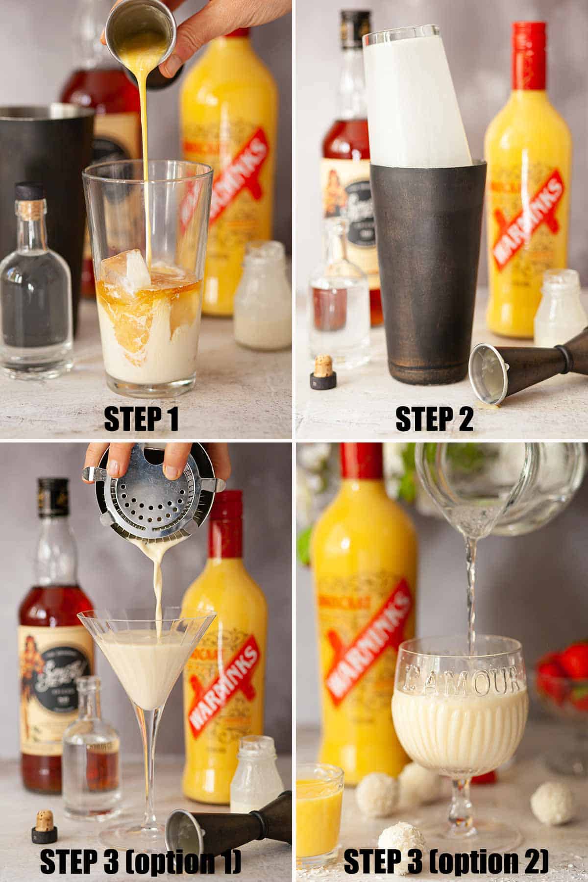 Collage of images showing an advocaat and rum cocktail being made.