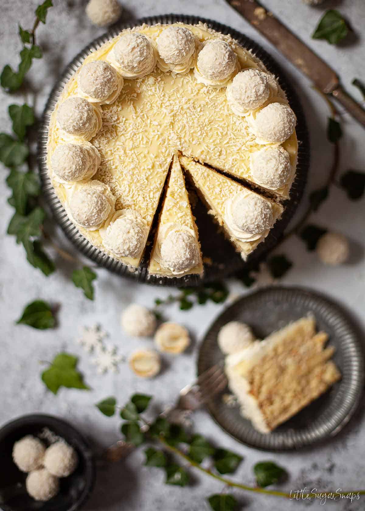 overhead view of coconut and almond Raffaello cake.