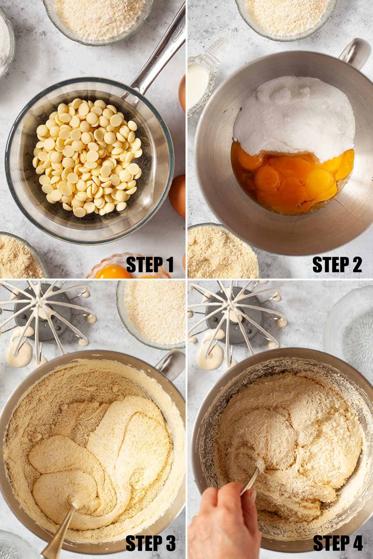 Collage of images showing a coconut and almond cake being made.