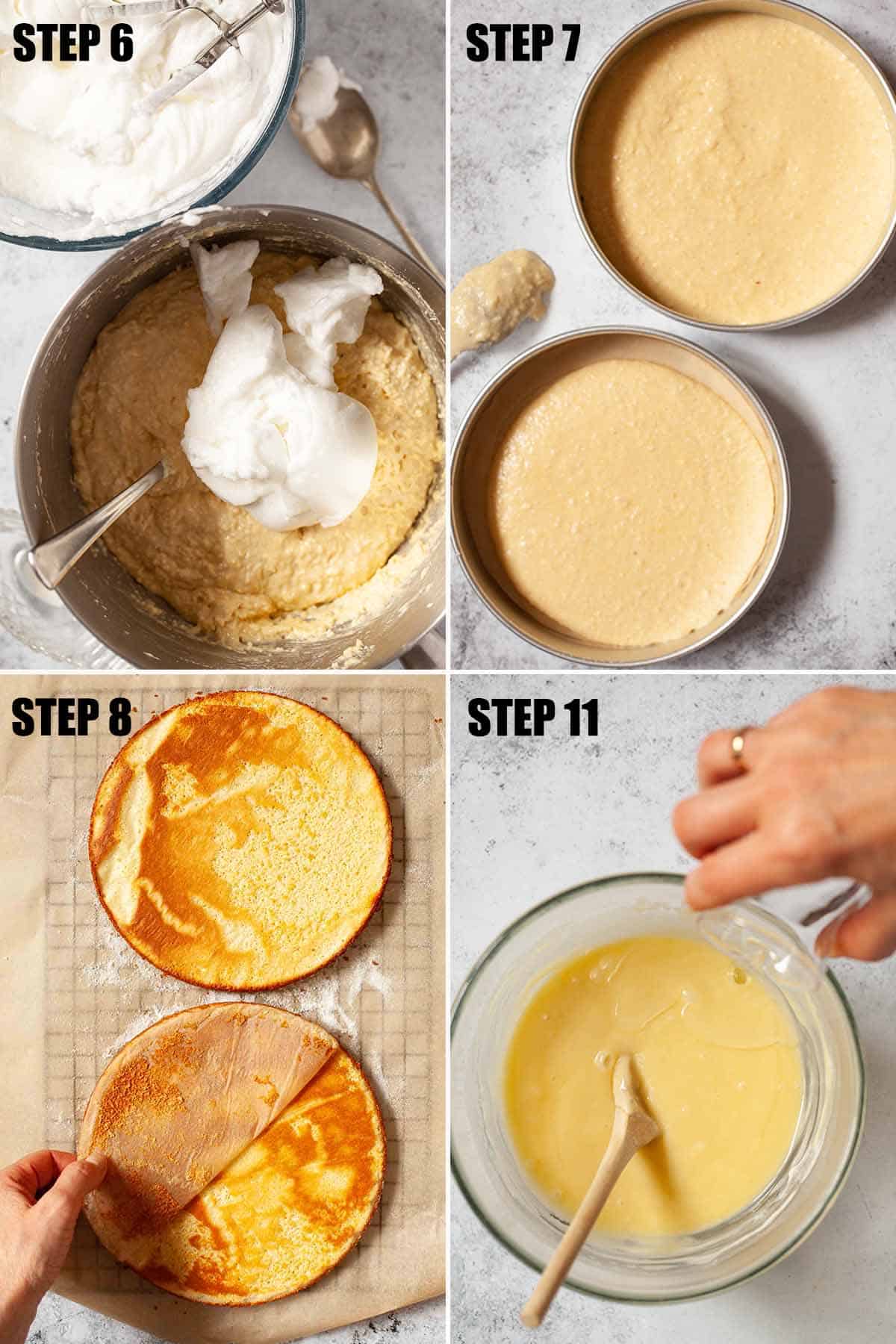 Collage of images showing the layers for an almond torte being made.