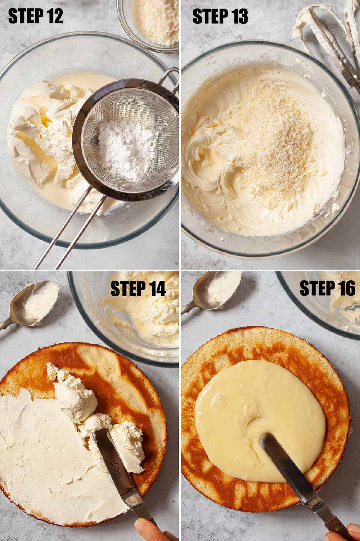 Collage of images showing a Raffaello cake being assembled.