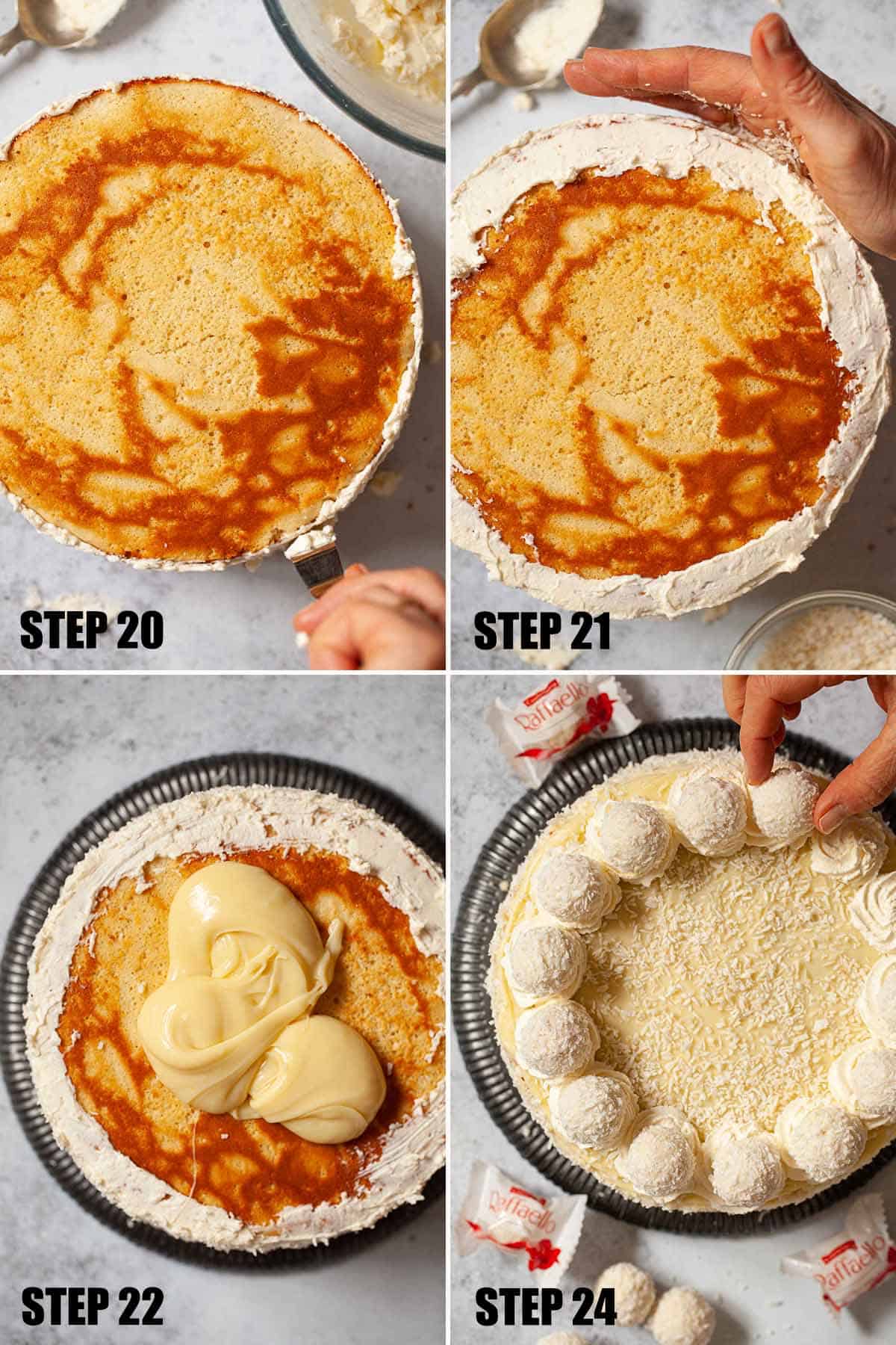 Collage of images showing a coconut almond cake being decorated.