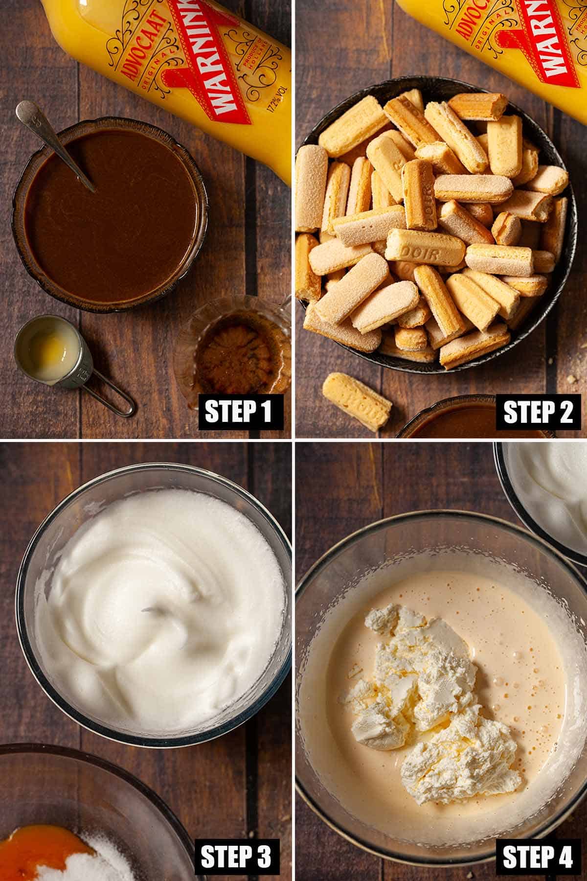 Collage of images showing a classic Italian coffee dessert being made.