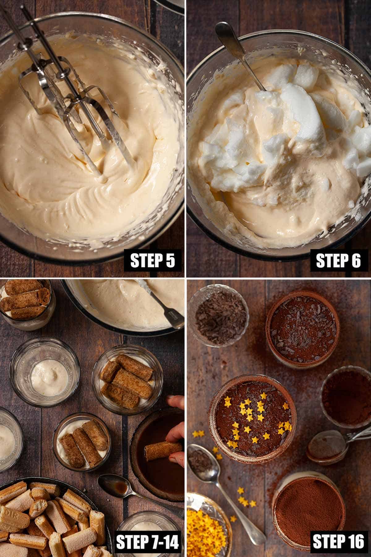Collage of images showing a creamy Italian dessert being made.
