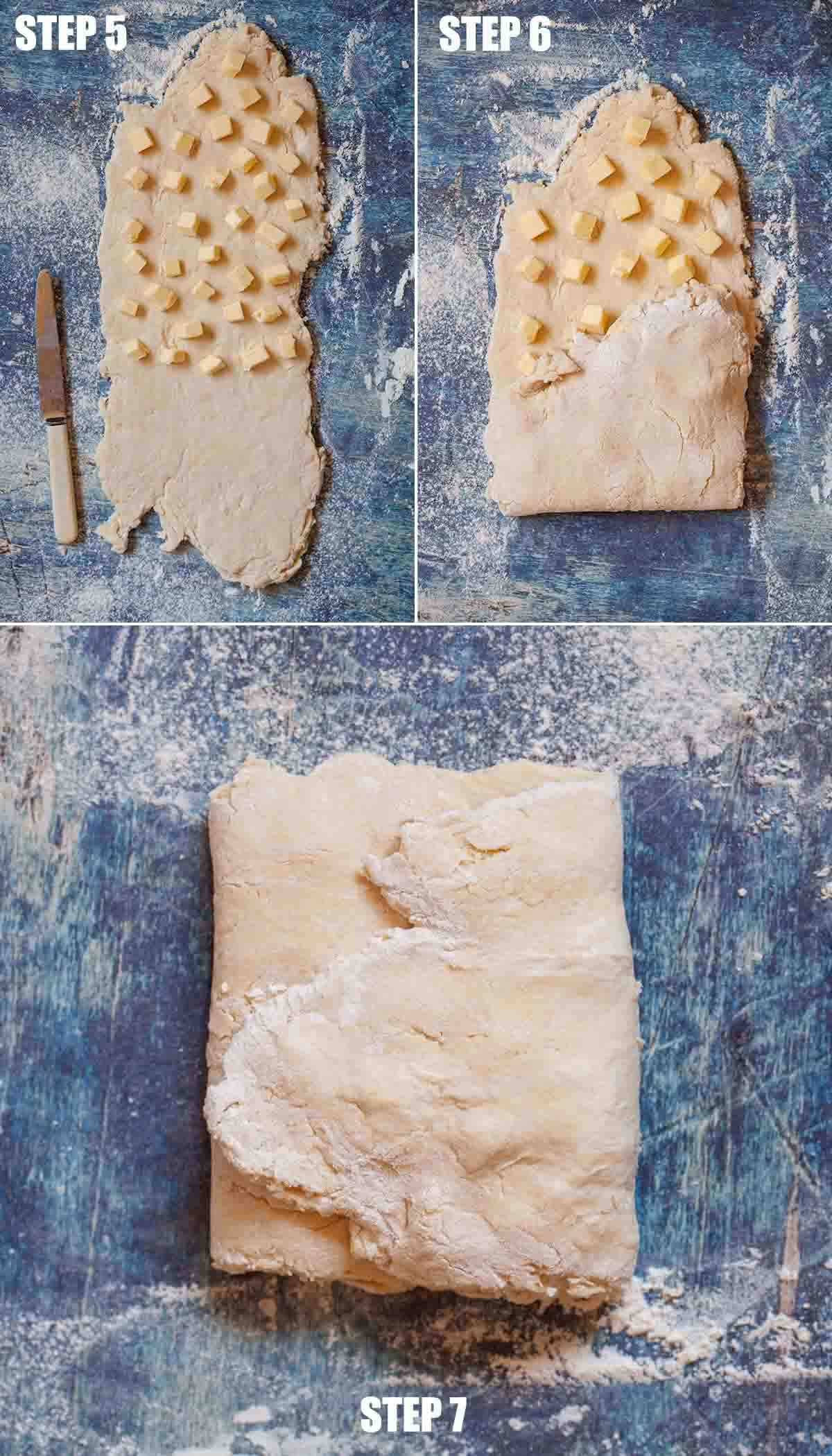 Collage of images showing rough puff pastry being made.