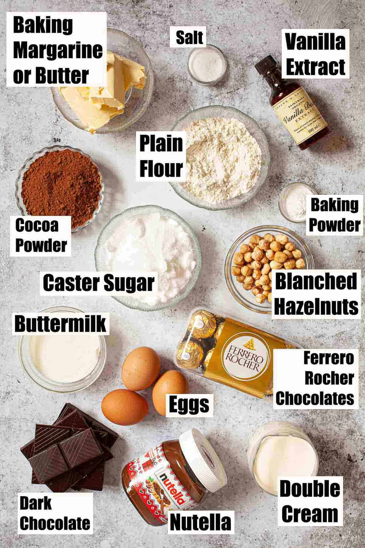 Labelled ingredients for a chocolate hazelnut cake.