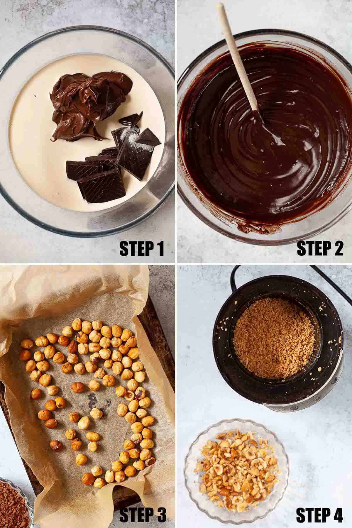 Collage of images showing chocolate ganache and ground hazelnuts being made.