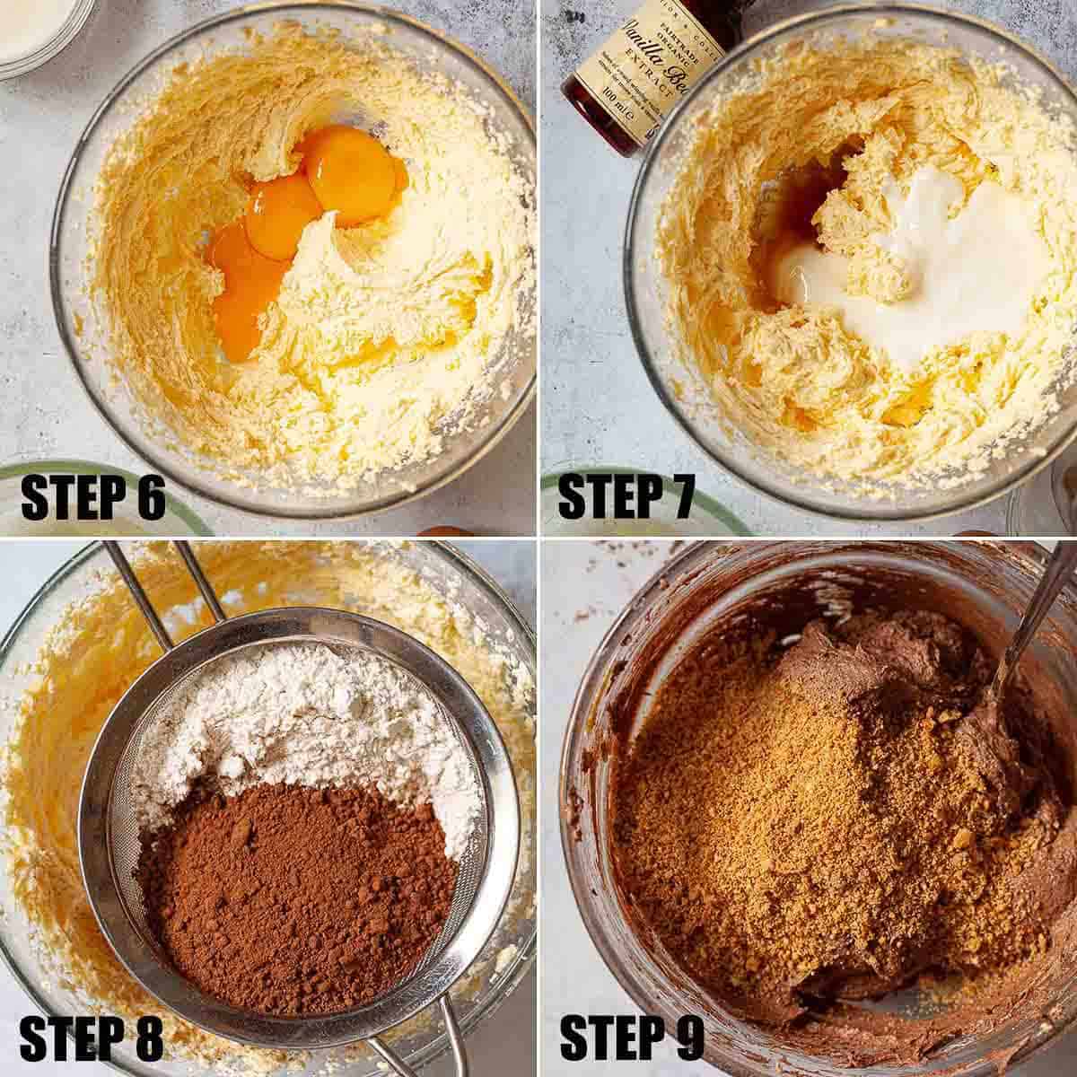 Collage of images showing a cake being made.