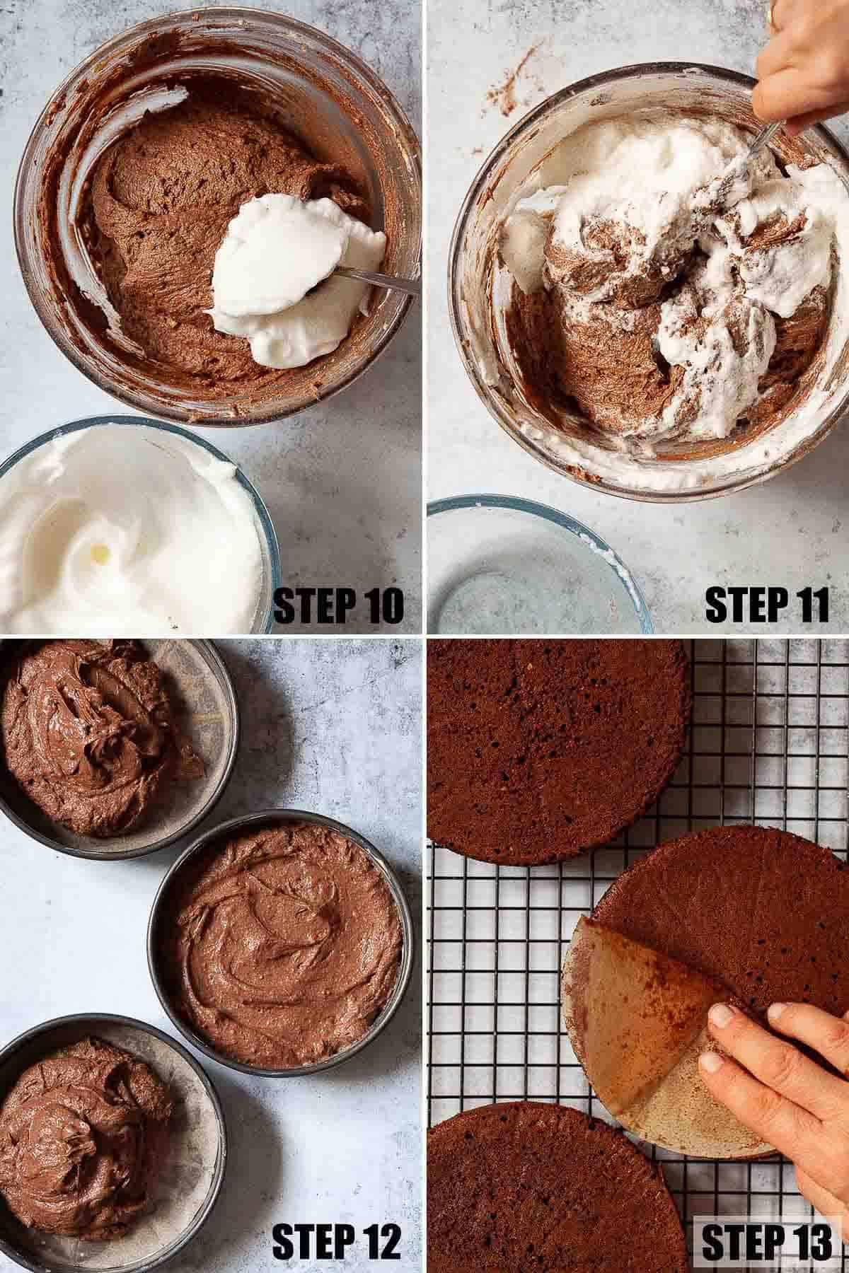 Collage of images showing chocolate cake being made.