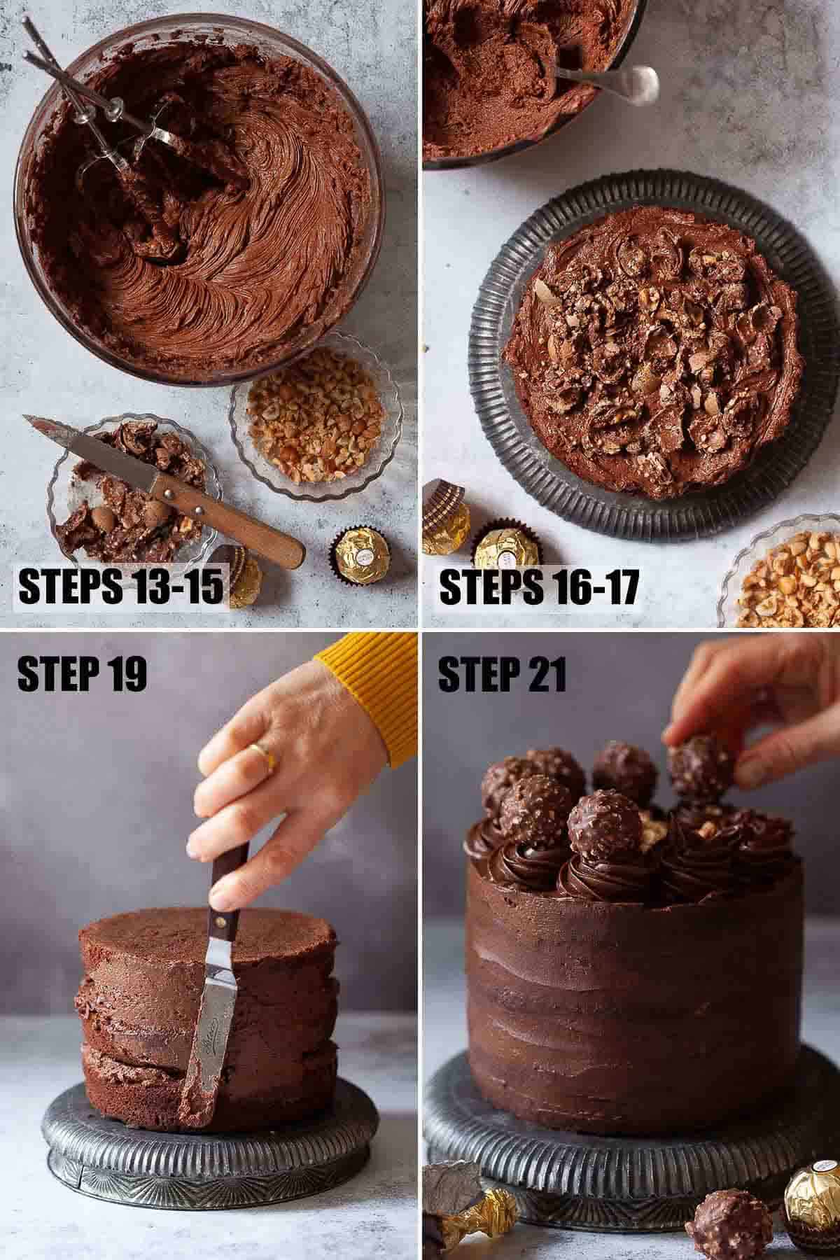 Collage of images showing a hazelnut chocolate cake being decorated.