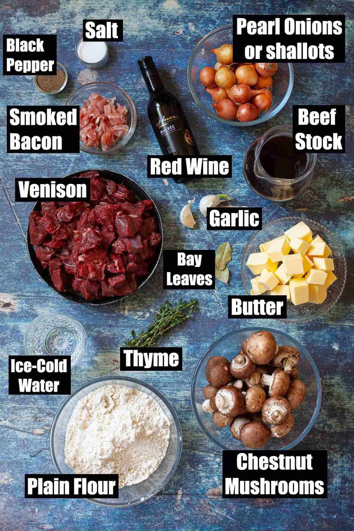 Labelled ingredients for venison pie with mushrooms and bacon.