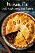 Labelled image of venison pie in a tin with a slice cut out of it.