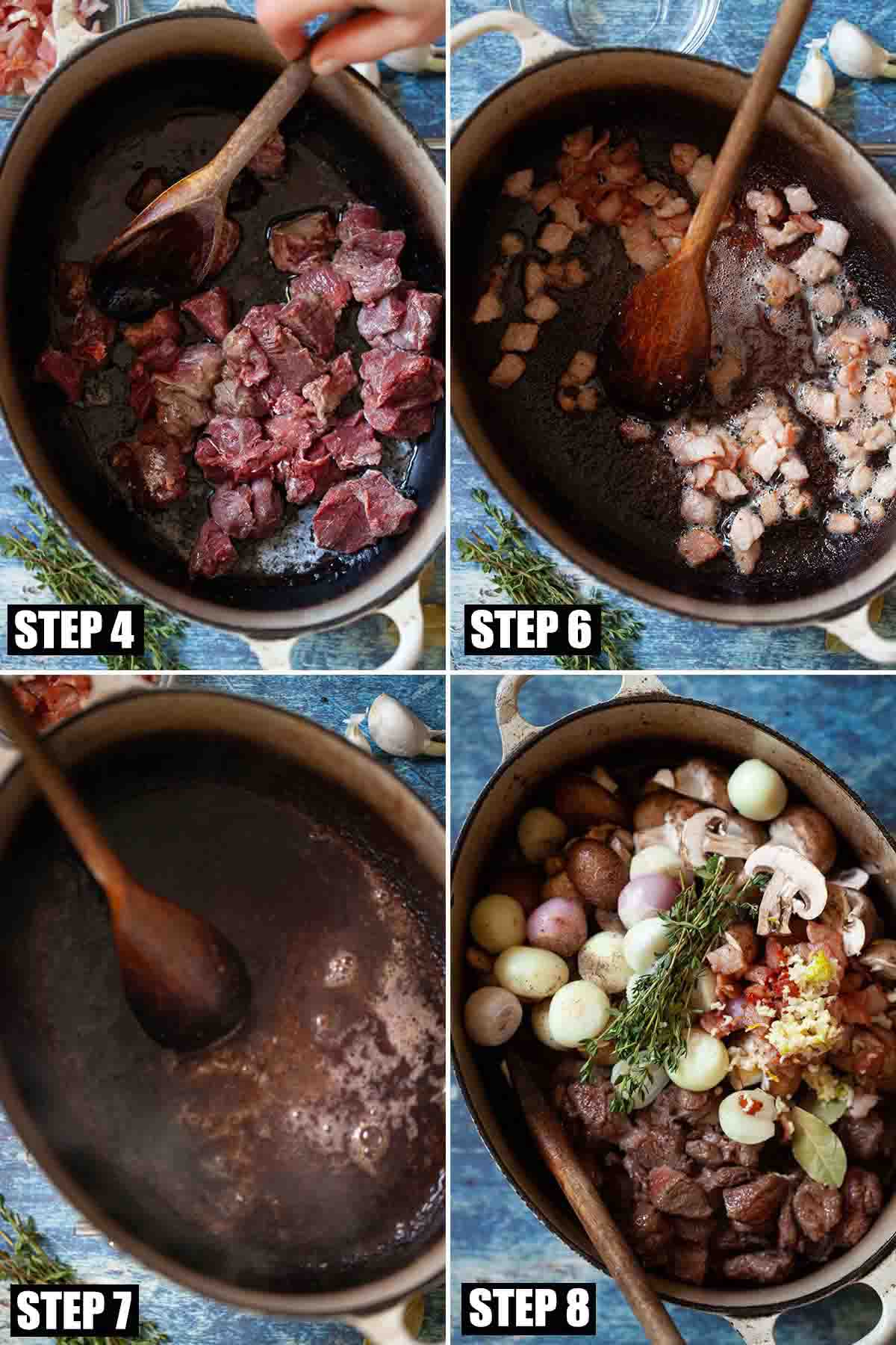 Collage of images showing slow-cooked venison pie filling being made.