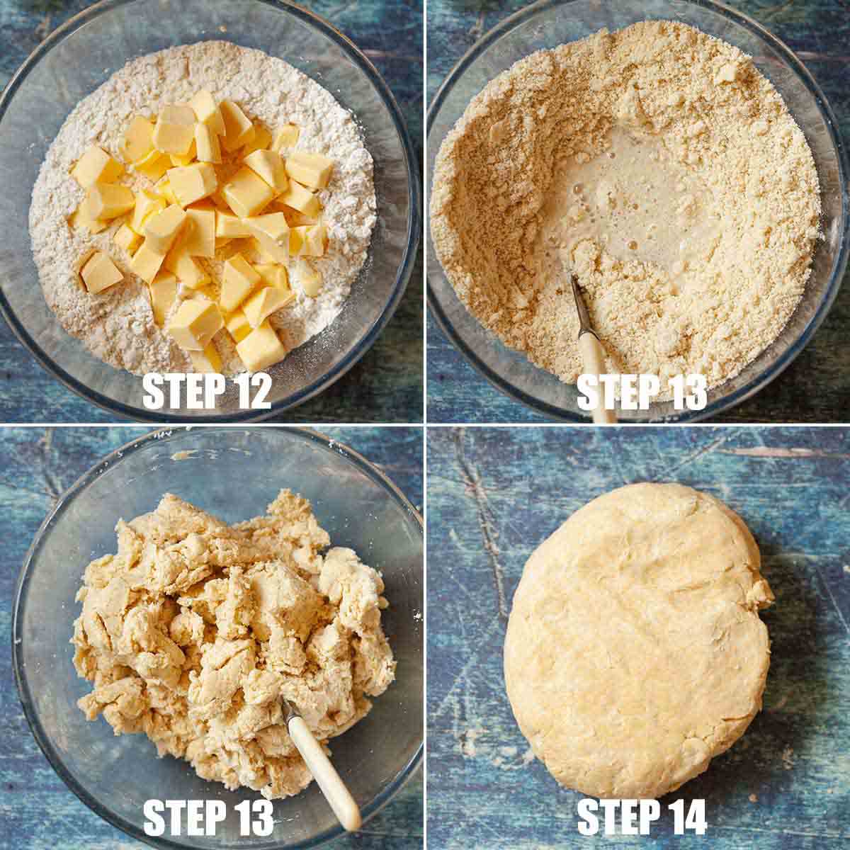 Collage of images showing shortcrust pastry being made.