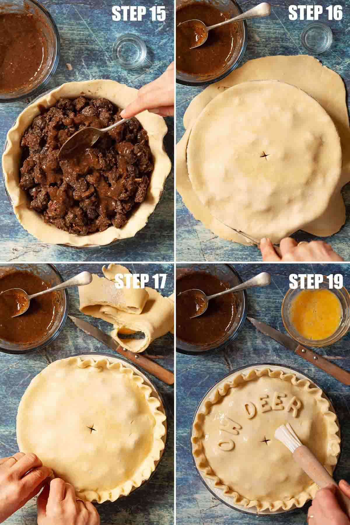 Collage of images showing a deer pie being made.