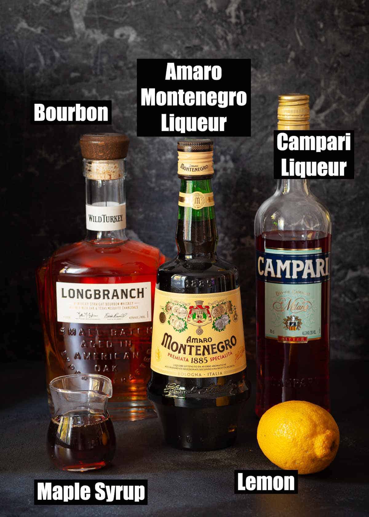 Labelled ingredients for a cocktail made with bourbon and Italian bitters.