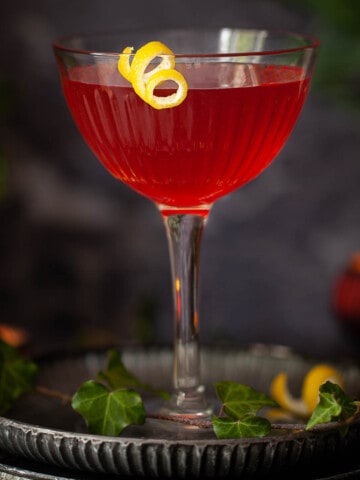 Close-up of a cocktail made with Amaro Montenegro, Campari and bourbon.