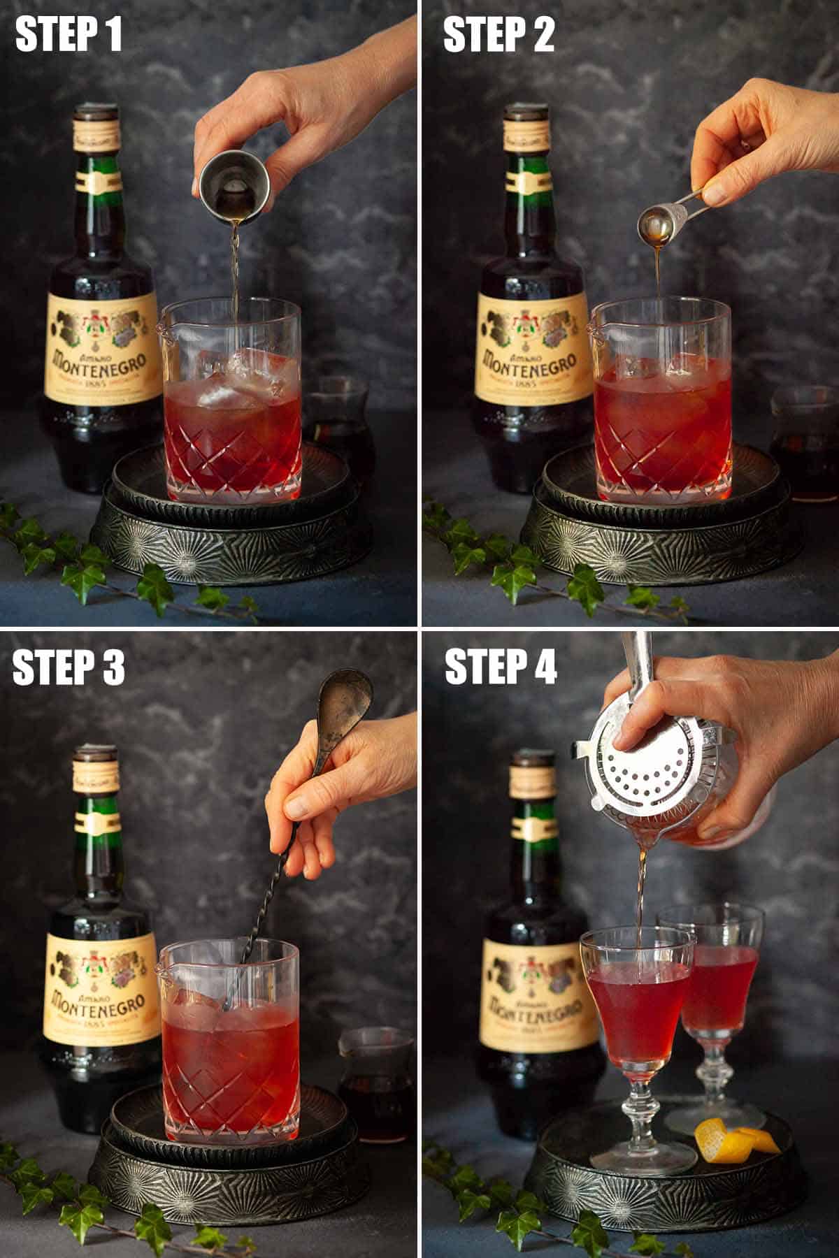 Collage of images showing an alcoholic drink being made.