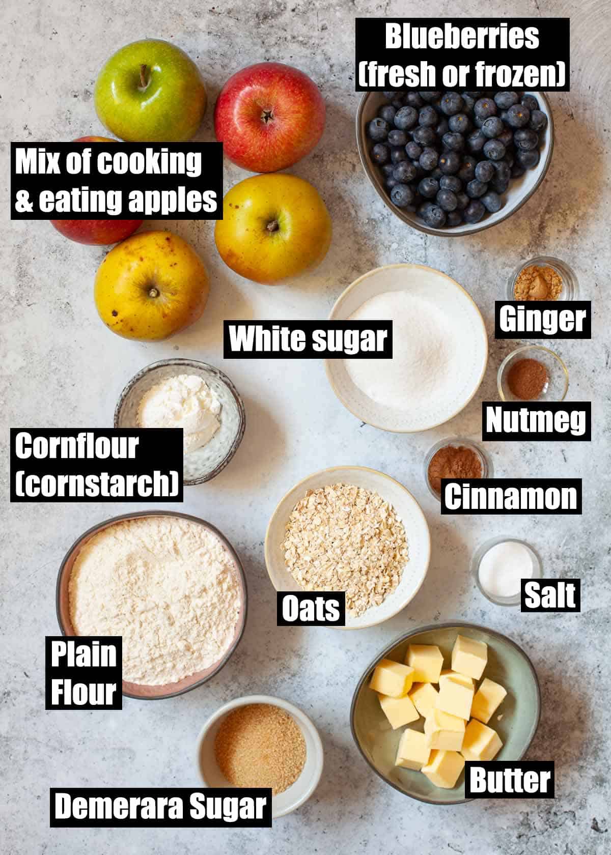 Labelled ingredients for a fruit dessert.