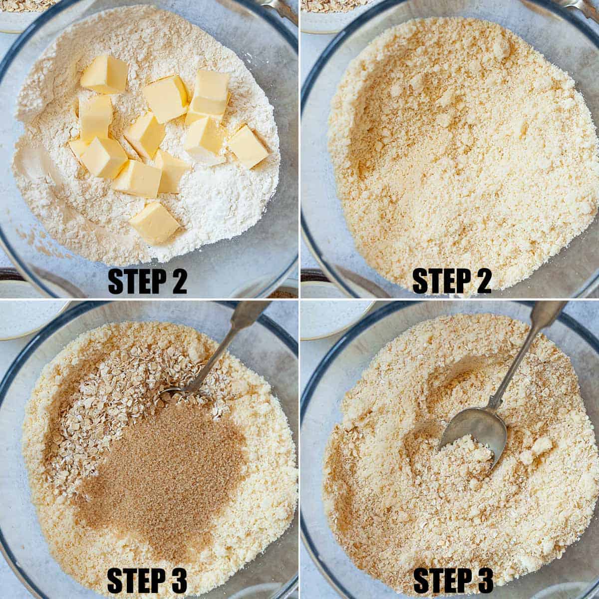 Collage of images showing oat crumble topping being made.