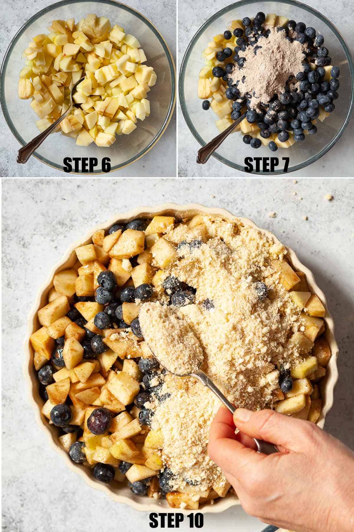 Collage of images showing a fruit dessert being made.