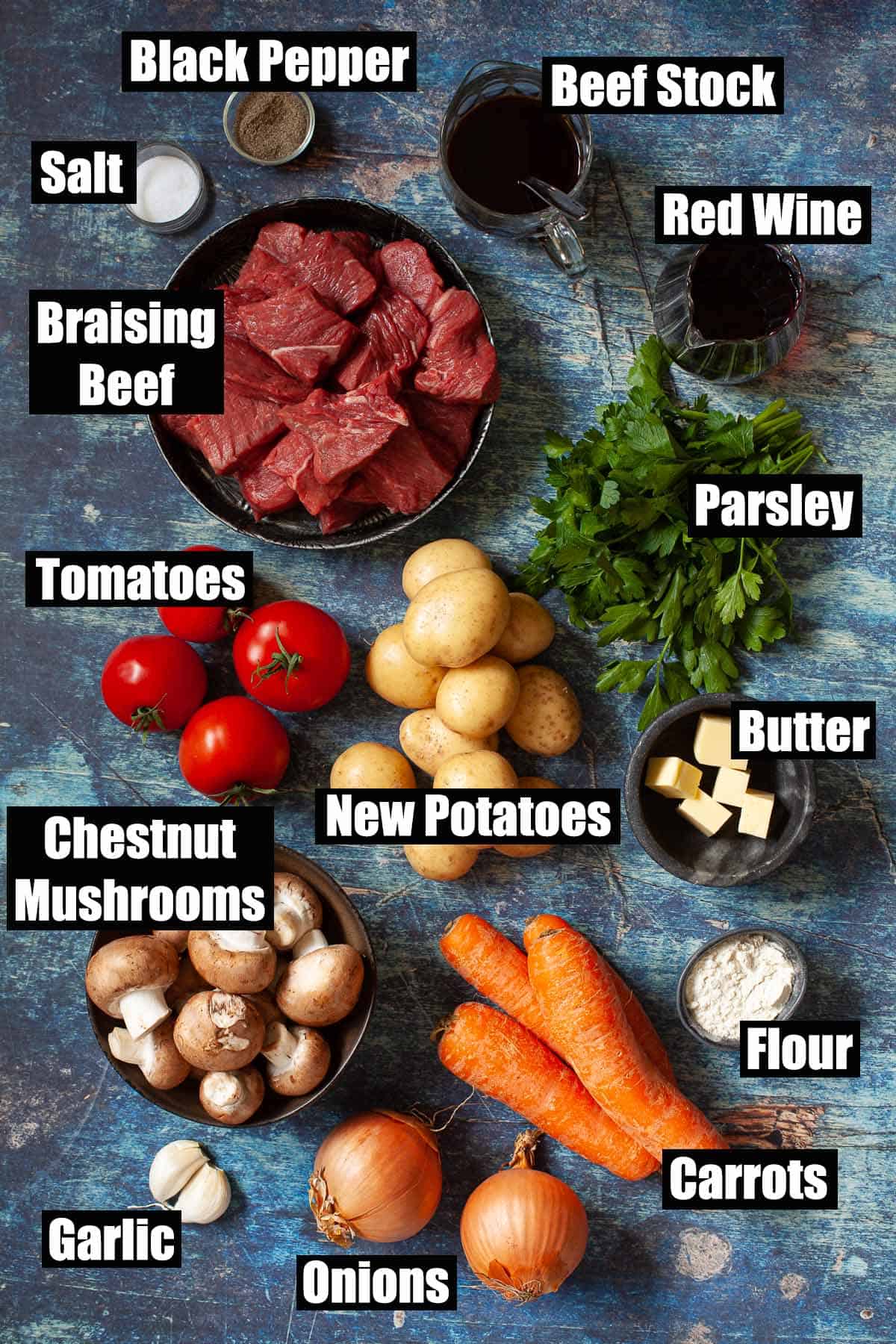 Labelled ingredients for a classic slow cooked meat dish.