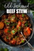 Labelled image of Warwickshire stew in a bowl with a spoon in it.