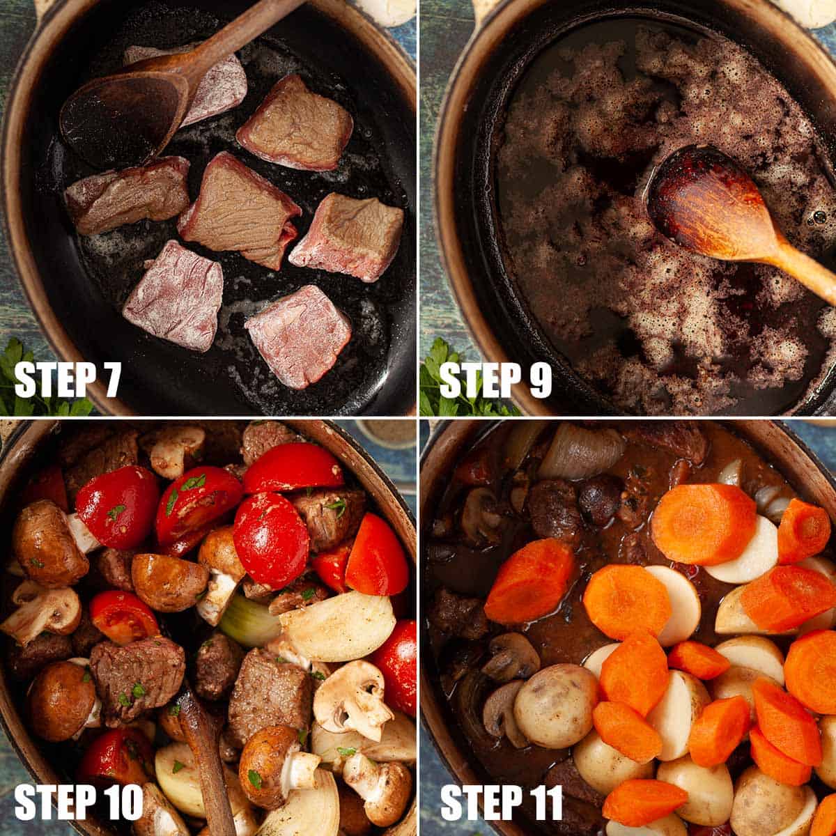 Collage of images showing a slow cooked meat dish being prepared.