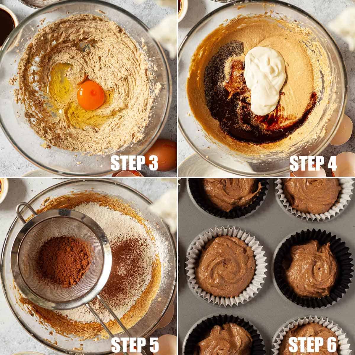 Collage of images showing sponge cake batter being made.