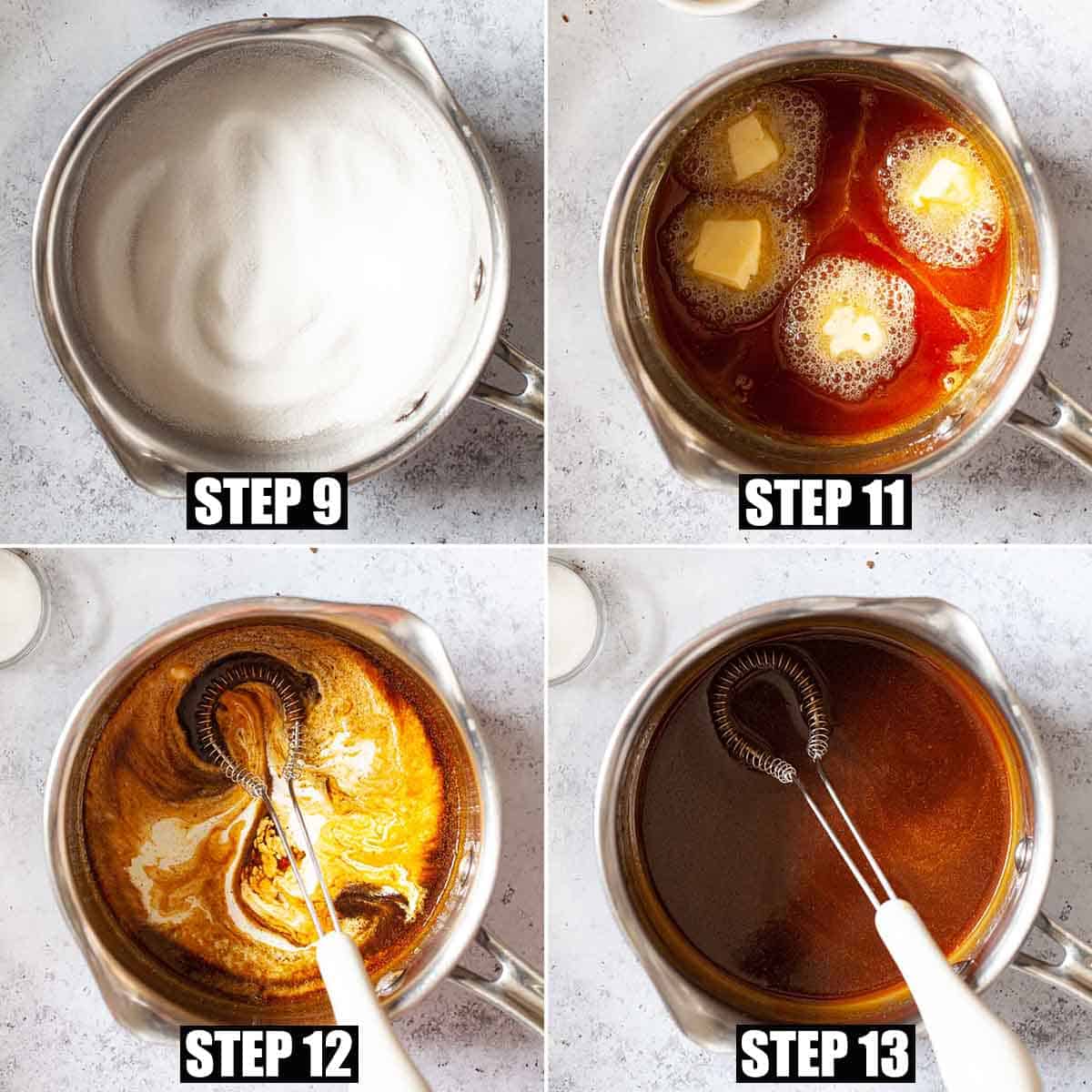 Collage of images showing caramel being made.