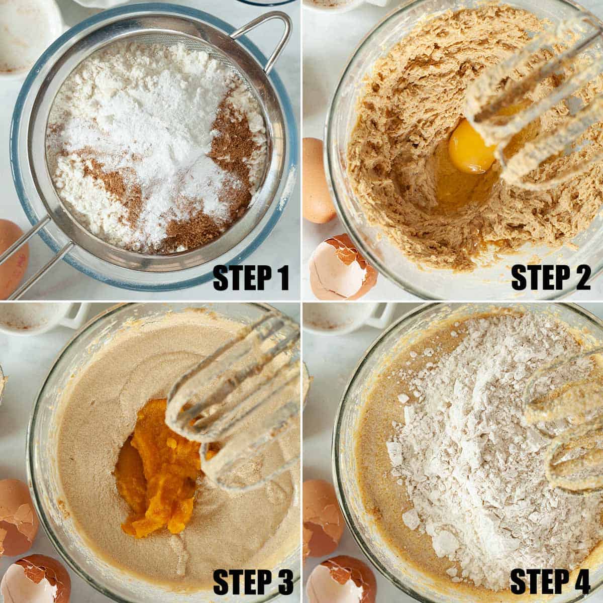 Collage of images showing cake batter being prepared.