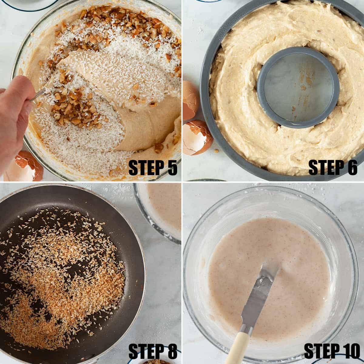 Collage of images showing a spiced bundt cake and icing being mixed.