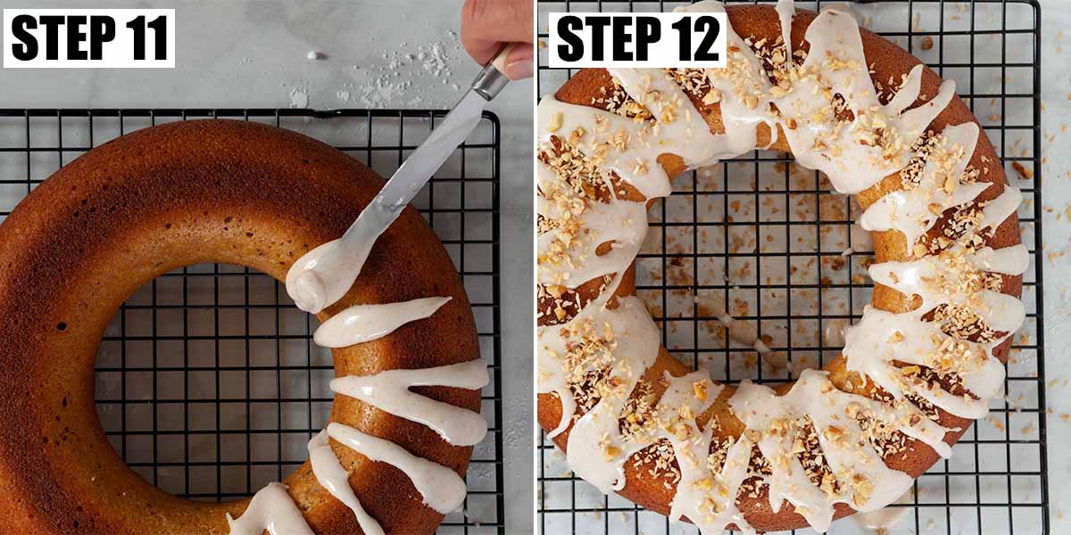 Collage of images showing a cake being decorated with icing and nuts.