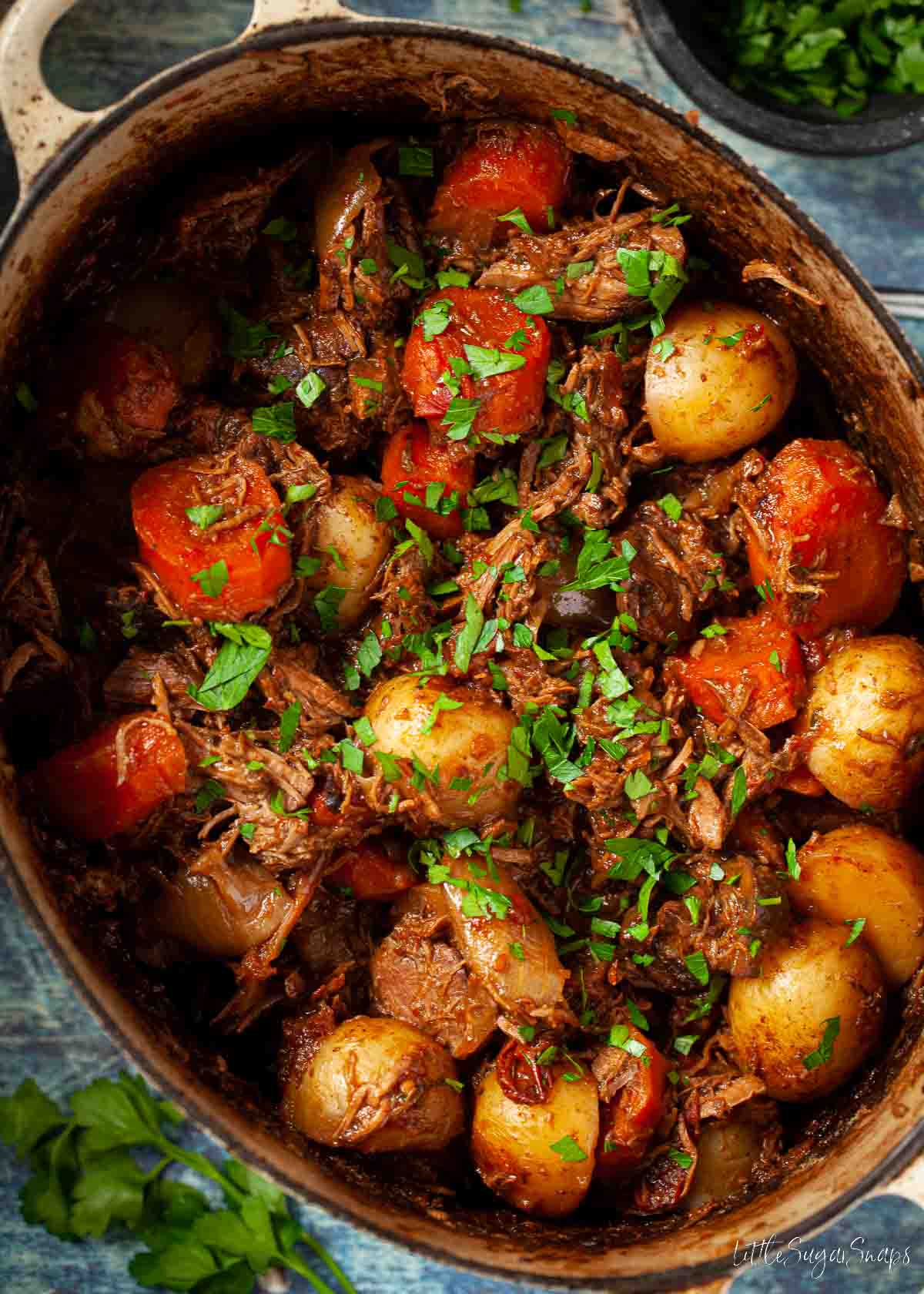 Beef and mushroom Warwickshire stew in a cooking pot.