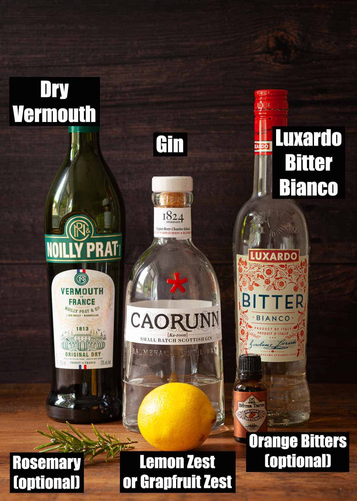 Labelled ingredients for a luxardo bitter bianco cocktail.