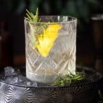 Close-up of a gin and Luxardo bitter bianco negroni cocktail.