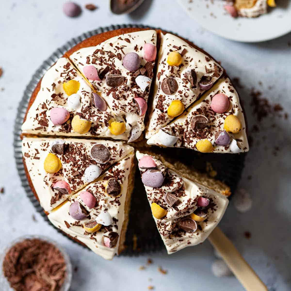 A cake recipe with advocaat cream on top and mini eggs.