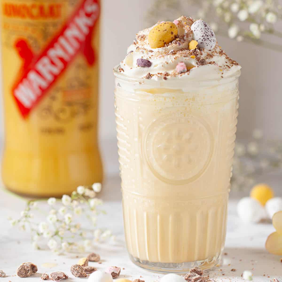 A thick milkshake made with advocaat topped with cream and crushed mini eggs.