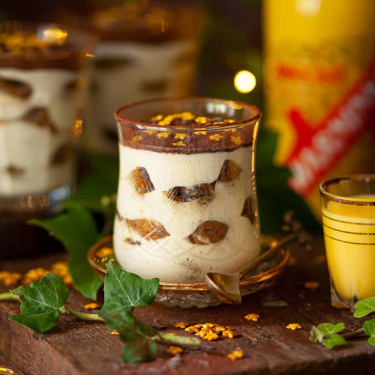 Advocaat tiramisu in a dessert glass.