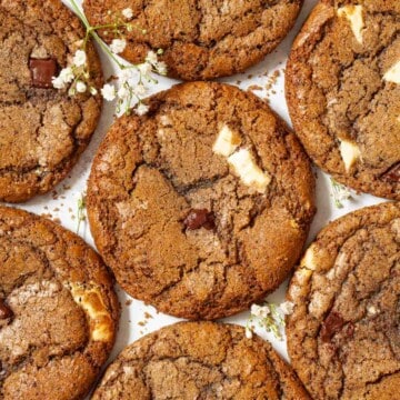 Close-up of coffee cookies with chocolate chips.